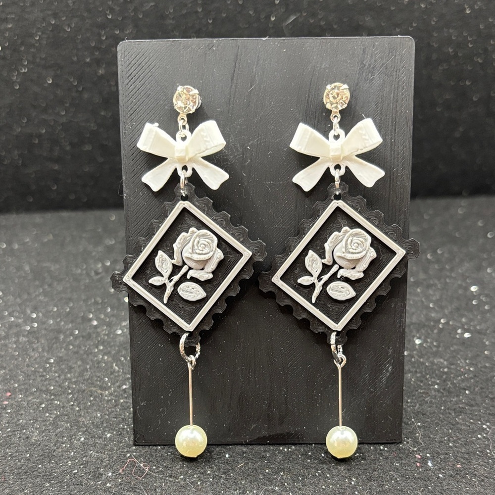 Black & Silver Postage Stamp Rose Earrings with Bow & Pearl Drop
